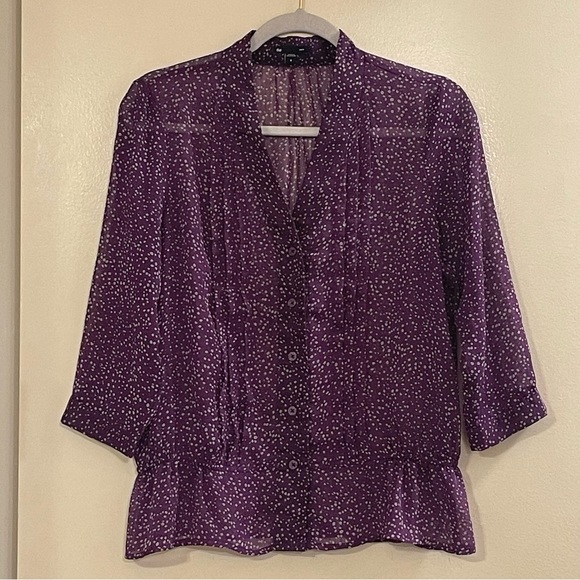 GAP Polka Dot Sheer V-Neck Button Front Long Sleeve Top in Purple - Picture 1 of 3